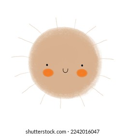 Sencilla ilustración vectorial de estilo infantil con un sol feliz. Bonito arte de guardería con un dulce y sonriente sol kawaii sobre fondo blanco. Gracioso Estilo de dibujo de Crayon Impresión ideal para arte de pared, afiche. Sin texto.