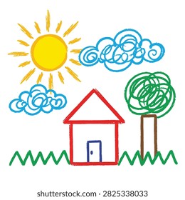 Simple childlike drawing featuring yellow sun fluffy white clouds red house and green tree in scenic nature landscape