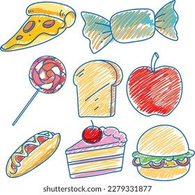 Niños simples garabatos de ilustración de comida