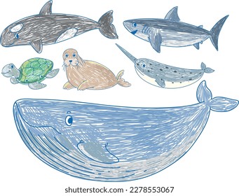 Simple children scribble of sea creatures illustration