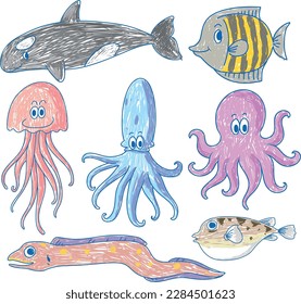 Simple children scribble of sea creatures illustration