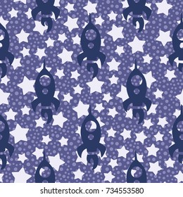 simple children seamless pattern with rocket, cycles and stars on a blue background