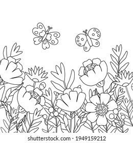 Simple childrens coloring book with cute flowers and butterflies. Vector illustration with an elementary outline, silhouette of plants, spring drawing.