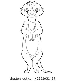 Simple children's coloring book cute desert animal character meerkat, linear simple drawing with ornamental patterns. Design for children's creativity, material for learning.