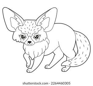 Simple children's coloring book cute desert animal character fox fennec, linear simple drawing with ornamental patterns. Design for children's creativity, material for learning.