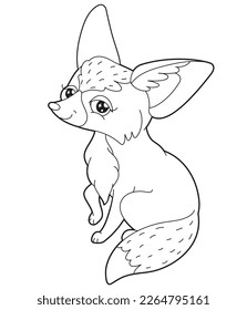 Simple children's coloring book cute desert animal character fox fennec, linear simple drawing with ornamental patterns. Design for children's creativity, material for learning.