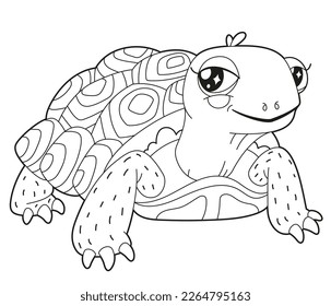 Simple children's coloring book cute desert animal character turtle, linear simple drawing with ornamental patterns. Design for children's creativity, material for learning.
