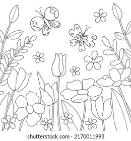 Simple childrens coloring page with cute flowers and butterflies. Illustration with silhouette of plants