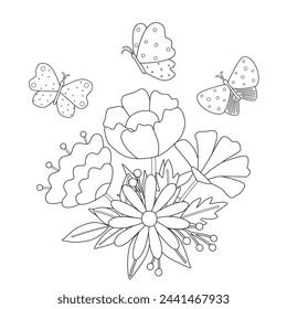 Simple childrens coloring page with cute flowers and butterflies. Illustration with silhouette of plants, spring drawing.