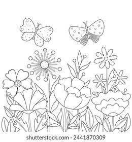 Simple childrens coloring page with cute flowers and butterflies. Vector illustration with silhouette of plants, spring drawing.