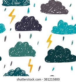 Simple children's doodle pattern with clouds.Cheerful hand drawn cloud.Seamless pattern with lightning rain.Futuristic blue clouds. Background for poster, cover booklet, banner, surface design.