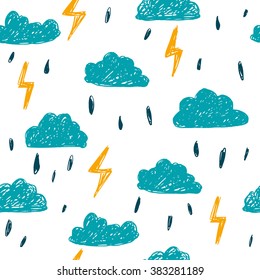 Simple children's doodle pattern with clouds.Cheerful hand drawn cloud.Seamless pattern with lightning rain.Futuristic blue clouds. Background for poster, cover booklet, banner, surface design.