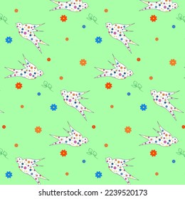 A simple children's pattern with flying swallows in a floral print. Vector seamless.