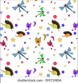 a simple children's seamless background of dragonflies cats and hedgehogs on a white background