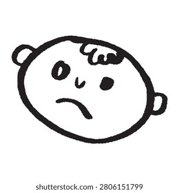 Simple child's head drawing. Frowning cartoon kid character. Unhappy infant emotion. Vector sketch icon.