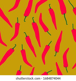 Simple chili peppers pattern. Mustard background, ripe peppers. The print is well suited for textiles, Wallpaper and packaging.