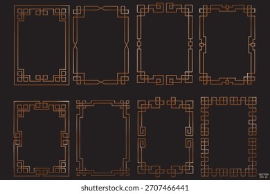 Simple Chinese brown wood geometric frames are isolated on black background. Luxury wooden borders for invitations, luxury templates, and decorative patterns. 3D vector illustration.