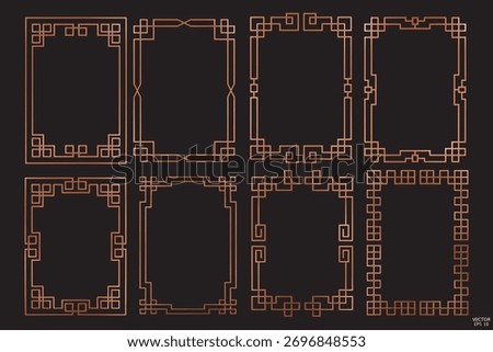 Simple Chinese copper geometric frames are isolated on black background. Luxury copper borders for invitations, luxury templates, and decorative patterns.  3D vector illustration.