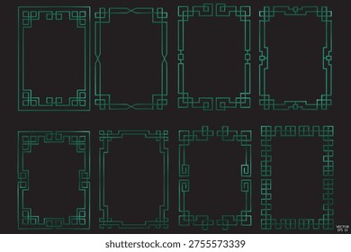 Simple Chinese green geometric frames are isolated on black background. Luxury green borders for invitations, luxury templates, and decorative patterns. 3D vector illustration.