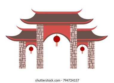 Simple Chinese pavilion gate. Vector illustration of a gate. Isolated on white background.