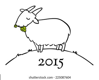 A simple Chinese zodiac New Year 2015 doodle of a horned goat chewing on some leaves.