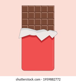 A simple chocolate bar with milk chocolate in a half-open red package on a beige background.