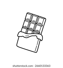 Simples barra de chocolate em um invólucro aberto, desenhado em um estilo de arte de linha minimalista. Um ícone de estrutura de tópicos para doces, sobremesa ou lanches.