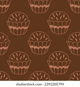 Simple chocolate candy food seamless pattern doodle style. Hand drawn brown seamless background with Brazilian brigadeiro traditional sweets for packaging, wallpaper