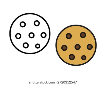 Ilustración simple de galletas de chocolate con una versión de color y una versión de contorno, estilo lindo y mínimo adecuado para iconos, pegatinas, gráficos de alimentos, contenido para niños y páginas para colorear.
