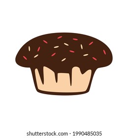 Simple chocolate cupcake. Line art. Birthday, celebration. Cartoon. Vector illustration. Logo for a confectionery factory. Bakery. Sweet cake. Delicious food.