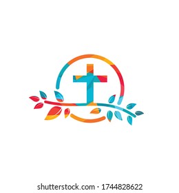 Simple christian church cross with tree leaves vector logo design.
