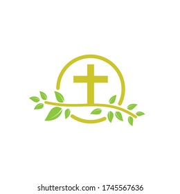 Einfaches kirchliches Kreuz mit Baumblättern Vektor Logo Design.