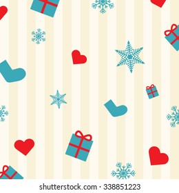 Simple christmas background with design elements such as snowflakes, presents and hearts