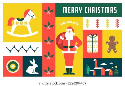 Sencillo fondo navideño, elegante diseño plano estilo minimalista. Afiche navideño. Santa Claus, decoraciones y elementos de árboles de Navidad. Diseño de concepto retro limpio. Ilustración vectorial