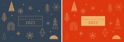 Simple Christmas Background, Elegant Geometric Minimalist Style. Happy New Year Banner. Snowflakes, Decorations And Xmas Trees Elements. Retro Clean Concept Design