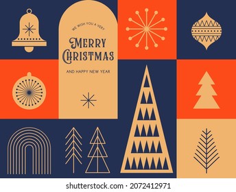 Simple Christmas background, elegant geometric minimalist style. Happy new year banner. Snowflakes, decorations and Xmas trees elements. Retro clean concept design