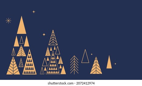 Simple Christmas background, elegant geometric minimalist style. Happy new year banner. Snowflakes, decorations and Xmas trees elements. Retro clean concept design