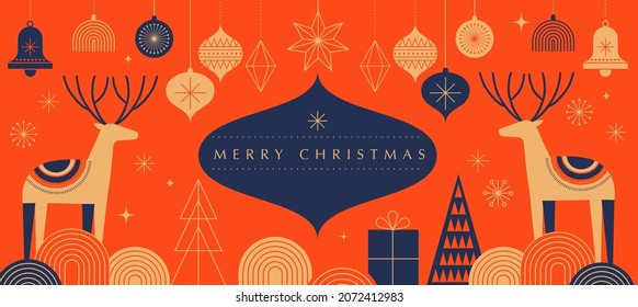 Simple Christmas background, elegant geometric minimalist style. Happy new year banner. Snowflakes, decorations and Xmas trees elements. Retro clean concept design