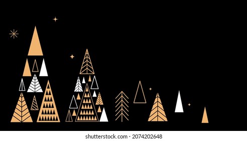 Simple Christmas background, elegant geometric minimalist style. Happy new year banner. Snowflakes, decorations and Xmas trees elements. Retro clean concept design