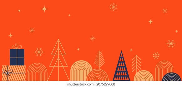 Simple Christmas background, elegant geometric minimalist style. Happy new year banner. Snowflakes, decorations and Xmas trees elements. Retro clean concept design