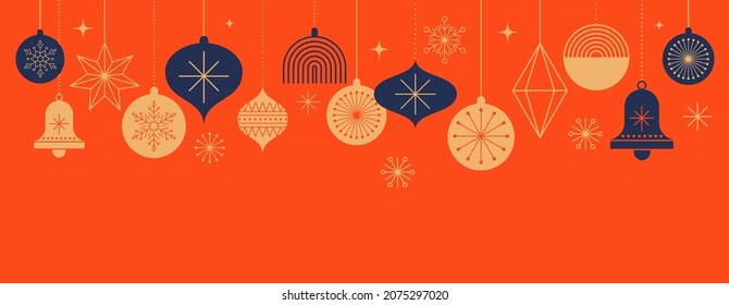 Simple Christmas background, elegant geometric minimalist style. Happy new year banner. Snowflakes, decorations and Xmas trees elements. Retro clean concept design