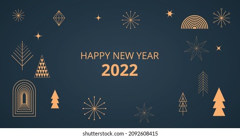 Simple Christmas background, elegant geometric minimalist style. Happy new year banner. Snowflakes, decorations and Xmas trees elements. Retro clean concept design