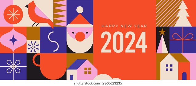 Simple Christmas background, elegant geometric minimalist style. Happy new year banner. Snowflakes, decorations and Xmas trees elements. Retro vector clean concept design
