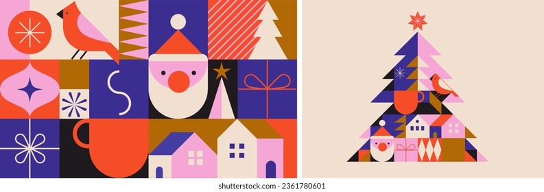 Simple Christmas background, elegant geometric minimalist style. Happy new year banner. Snowflakes, decorations and Xmas trees elements. Retro vector clean concept design