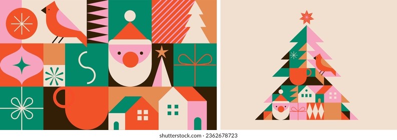 Simple Christmas background, elegant geometric minimalist style. Happy new year banner. Snowflakes, decorations and Xmas trees elements. Retro vector clean concept design