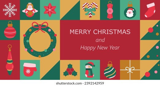 Simple Christmas background, elegant geometric minimalist style. Happy new year banner. Snowflakes, decorations and Xmas trees elements.