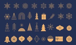 Simple Christmas Background, Golden Geometric Minimalist Elements And Icons. Happy New Year Banner. Xmas Tree, Snowflakes, Decorations Elements. Retro Clean Concept Design