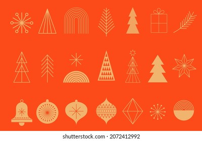 Simple Christmas background, golden geometric minimalist elements and icons. Happy new year banner. Xmas tree, snowflakes, decorations elements. Retro clean concept design