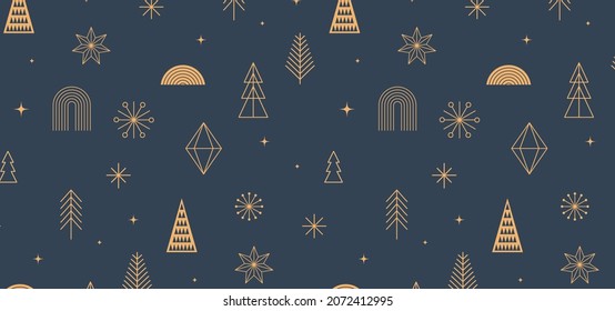 Simple Christmas background, golden geometric minimalist elements and icons. Happy new year banner. Xmas tree, snowflakes, decorations elements. Retro clean concept design