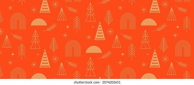 Simple Christmas background, golden geometric minimalist elements and icons. Happy new year banner. Xmas tree, snowflakes, decorations elements. Retro clean concept design